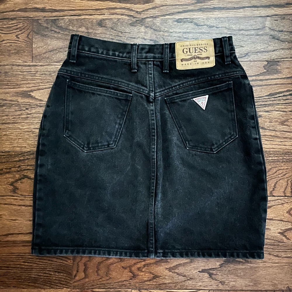 Rare Vintage GUESS Black Denim Skirt with “Original Design “Leather Patch